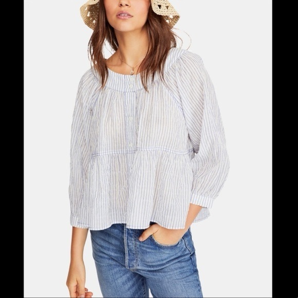 We The Free Sea to Shore Poplin Light Blue Striped Button Down Peasant Blouse - Picture 2 of 6